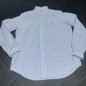 Polo Ralph Lauren Vintage Blue Red Green Gingham Plaid Button Down Shirt Mens L